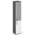 Офисный шкаф высокий узкий левый / правый (1 низкий фасад ЛДСП + 1 средний фасад стекло сатин в раме)