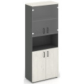 Офисный шкаф высокий широкий (2 низких фасада, задняя стенка ЛДСП + 2 низких фасада стекло прозрачное)